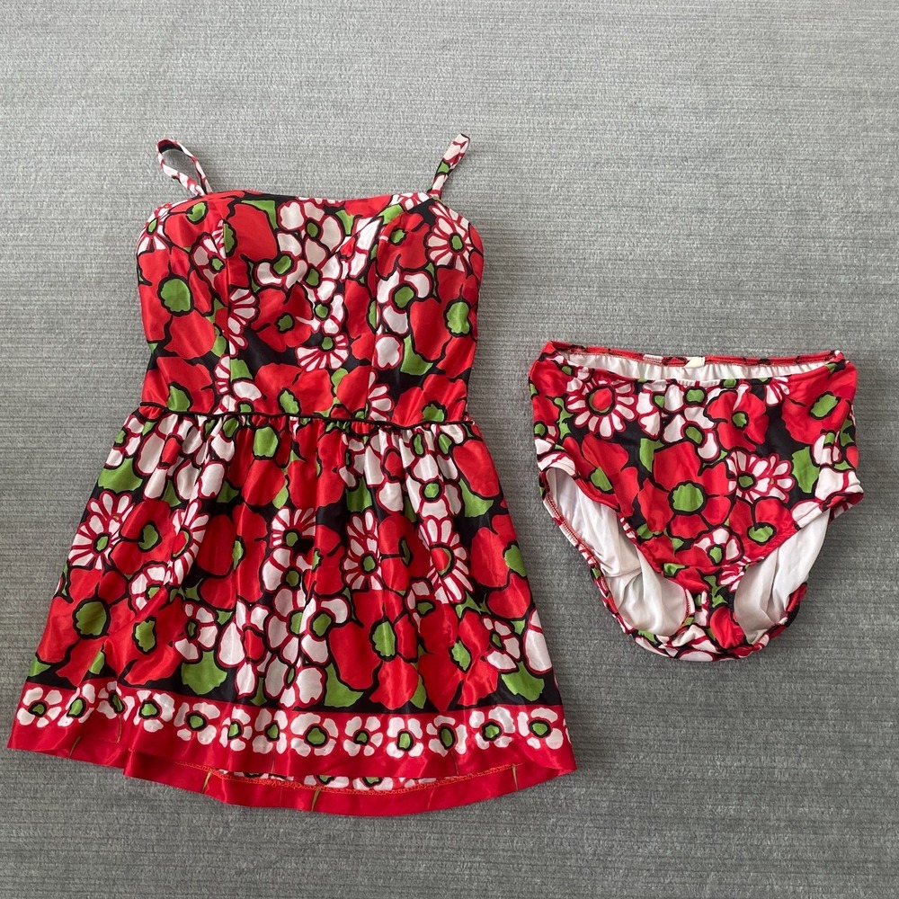 Vintage 60s 70 California Poppy Swimsuit Red Floral Two Piece Pin Up Hippie